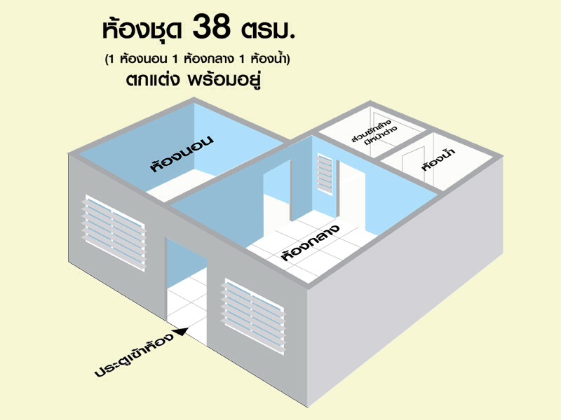 ให้เช่า!! ห้องชุดการเคหะออเงิน 38 ตรม. (1 ห้องนอน 1 ห้องกลาง 1  ห้องน้ำ)3,500 บาท* ตกแต่งพร - คลังบ้าน.Com